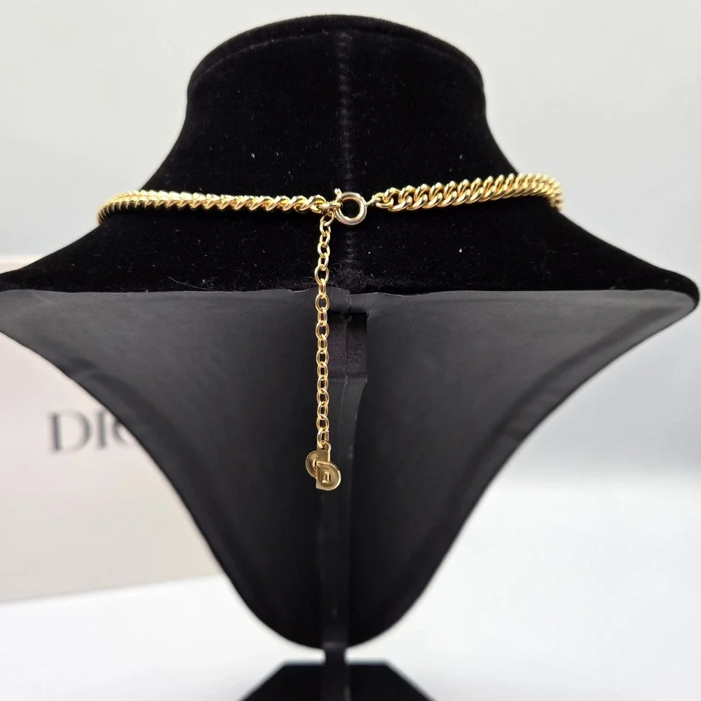 Christian Dior Gold Tone Chain Necklace Crystal Interlocking Oval Links